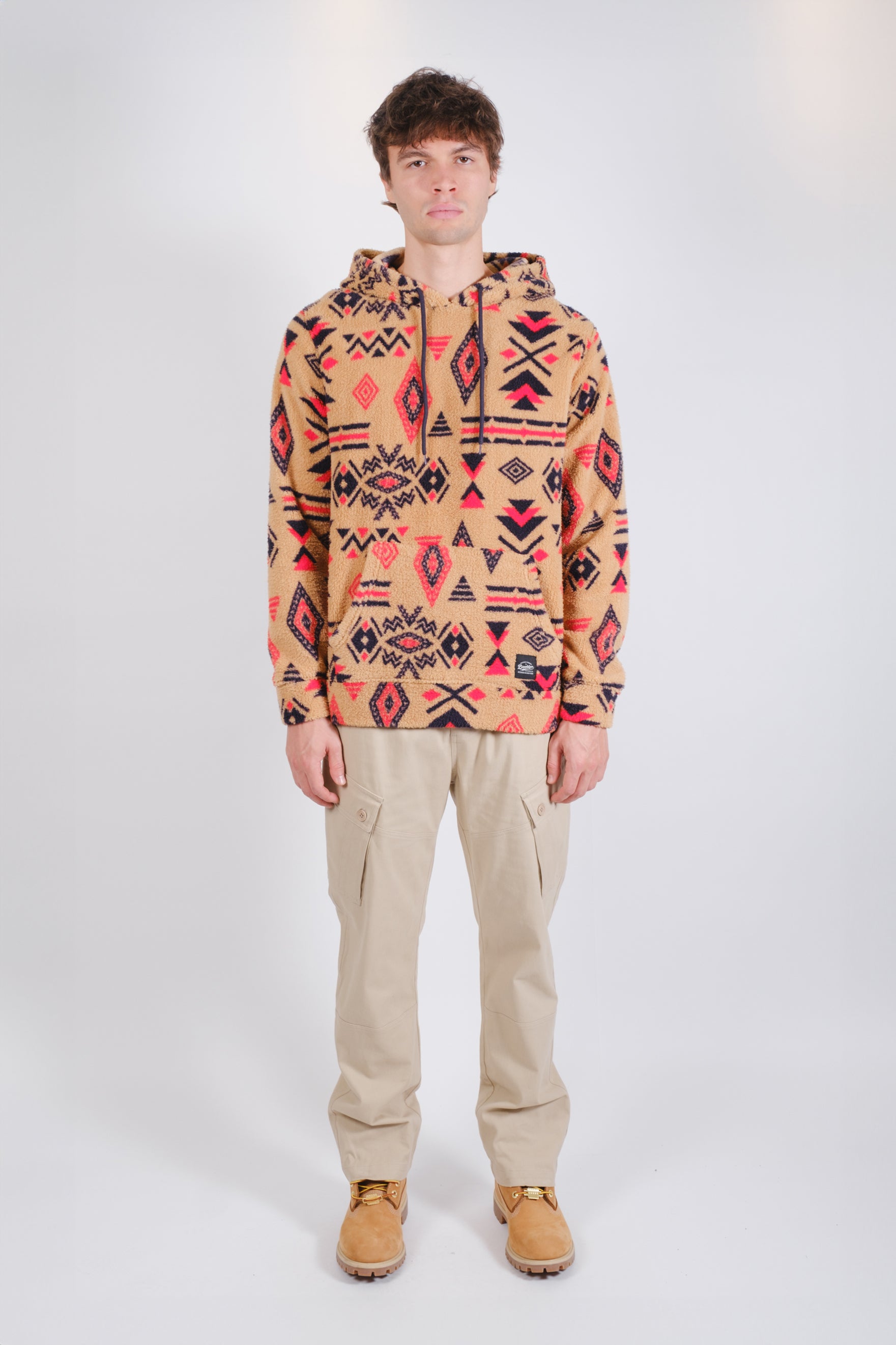 Comfy Tribal Print Sherpa Hoodie #color_camel