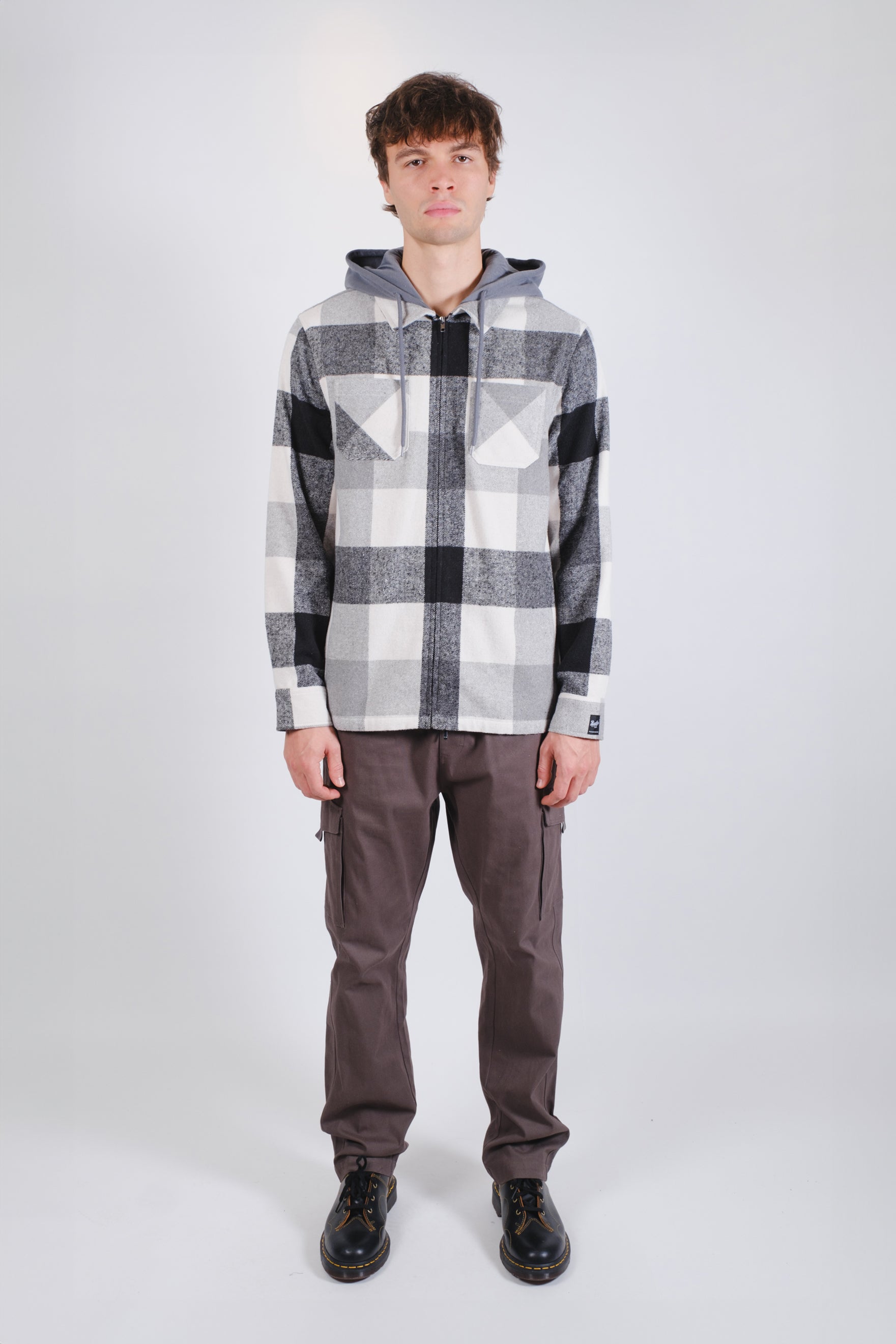 Flannel Hooded Zip Men's Shacket
#color_grey black