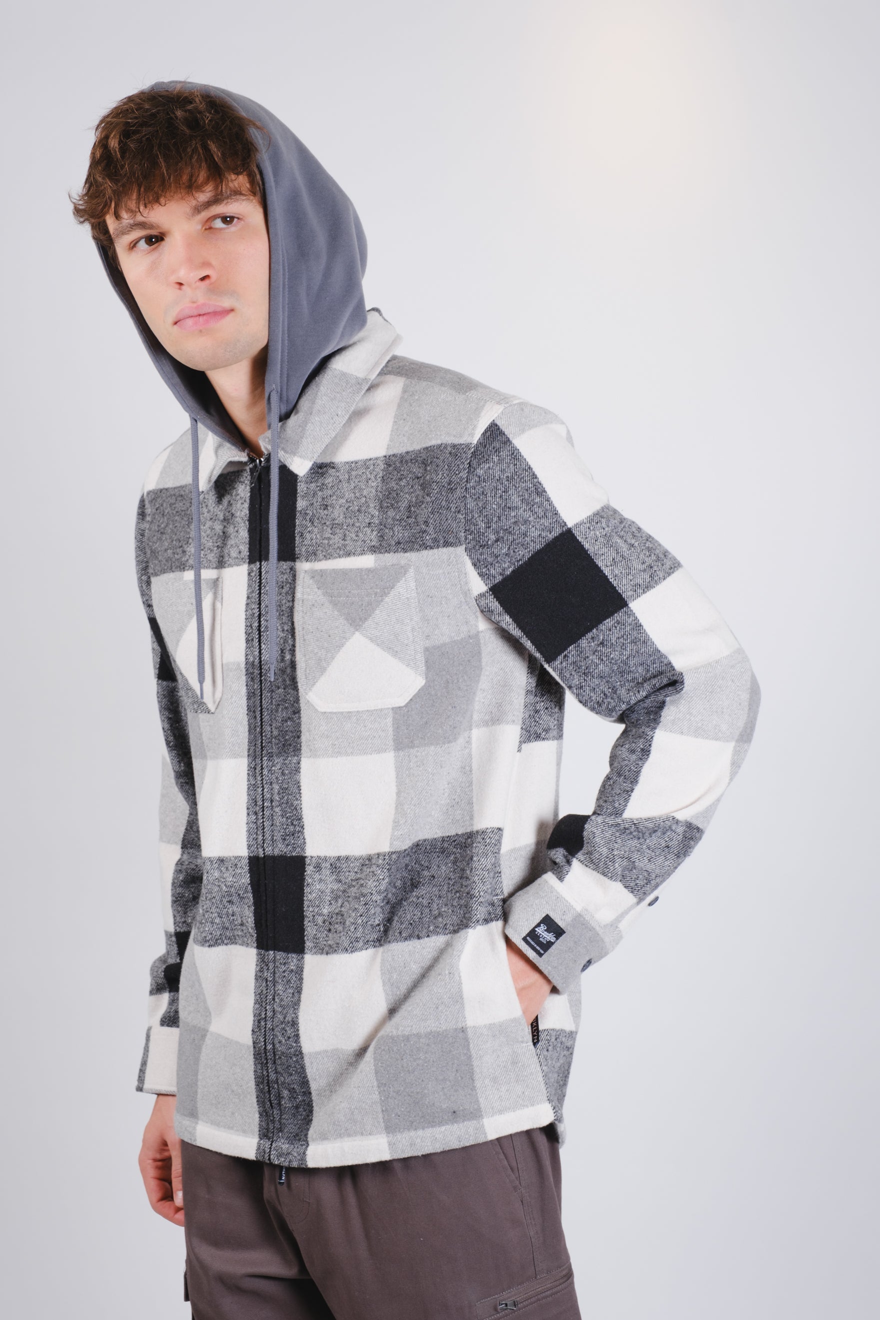 Flannel Hooded Zip Shacket
#color_grey black