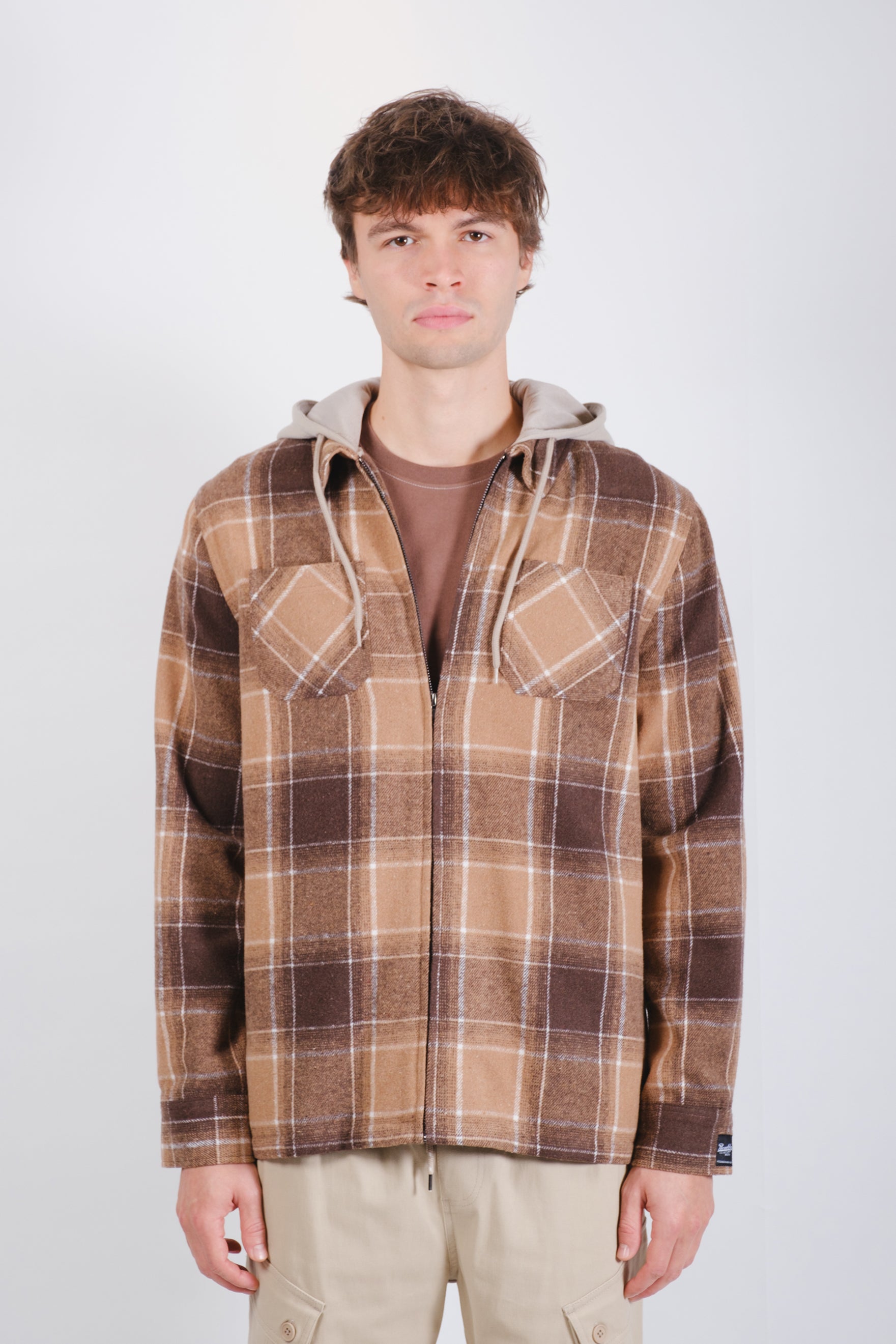 Men’s hooded plaid zip up shacket
#color_toffee