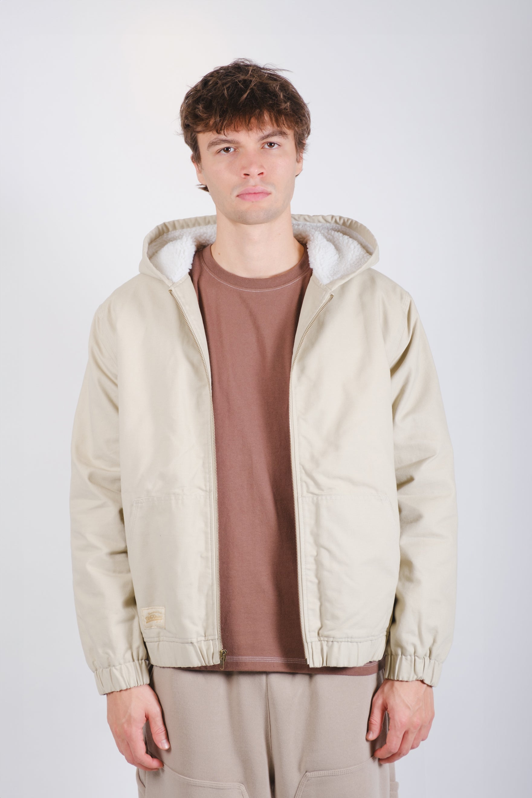 Sherpa-lined men’s hooded canvas work jacket
#color_sand