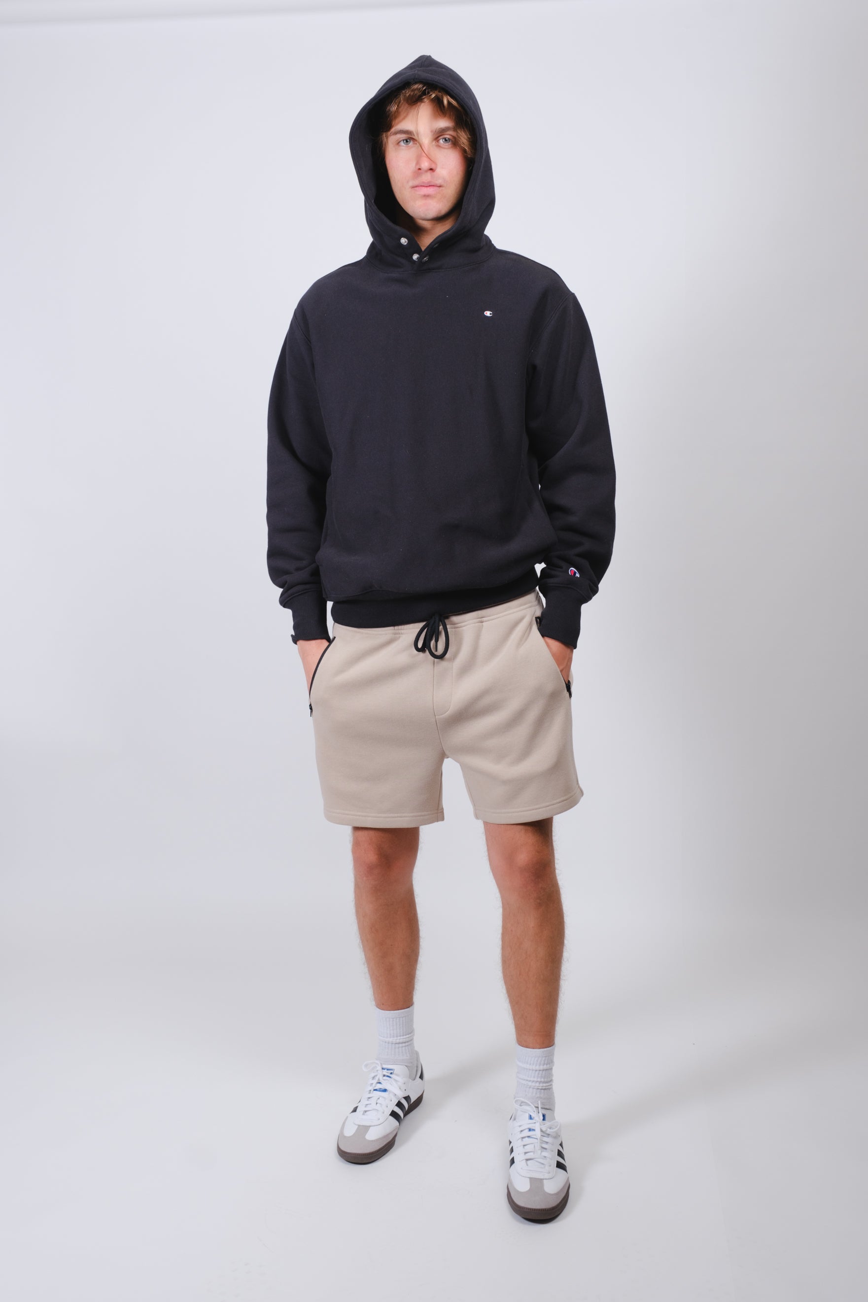 Brooklyn Cloth men’s fleece shorts pack, with trendy 5 inch inseam
#color_pumice stone/black