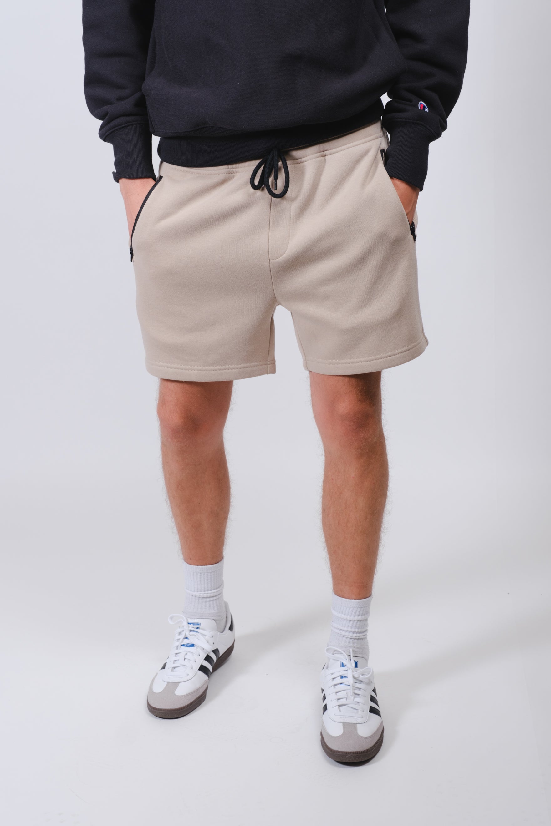 2 Pack Fleece Shorts by Brooklyn Cloth, with core and zip pocket options
#color_pumice stone/charcoal