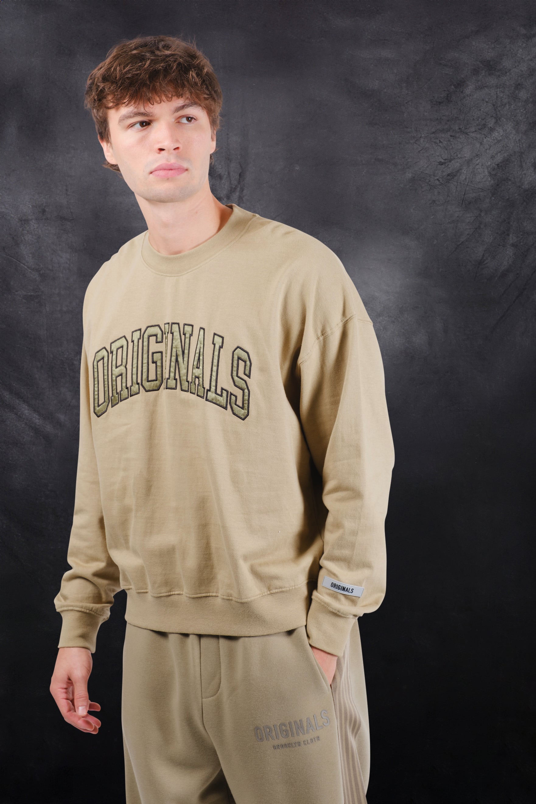 Brooklyn Cloth Originals Crew with satin applique for style
#color_olive gray