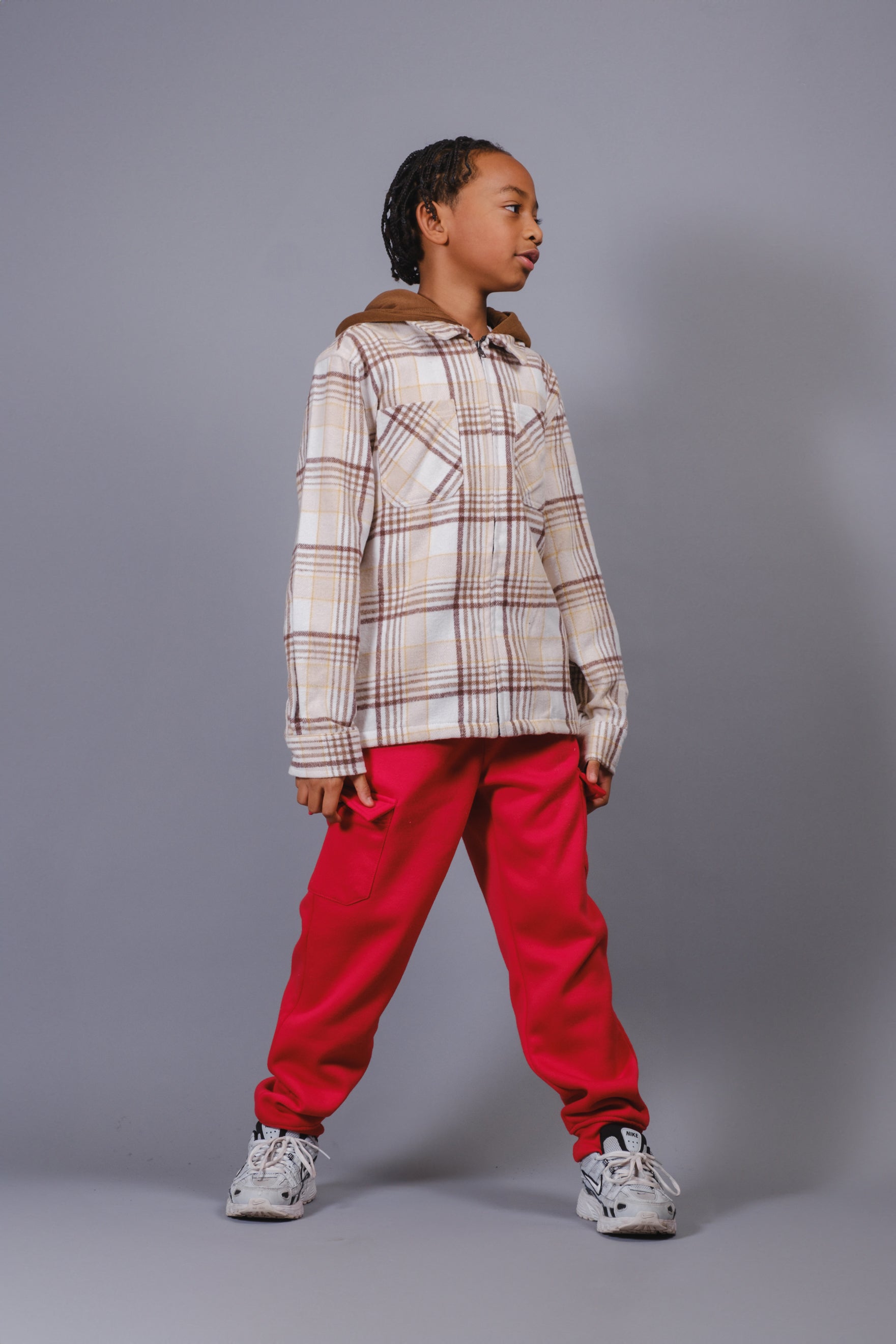 Kids flannel hooded zip-front shacket with long sleeves
#color_cream